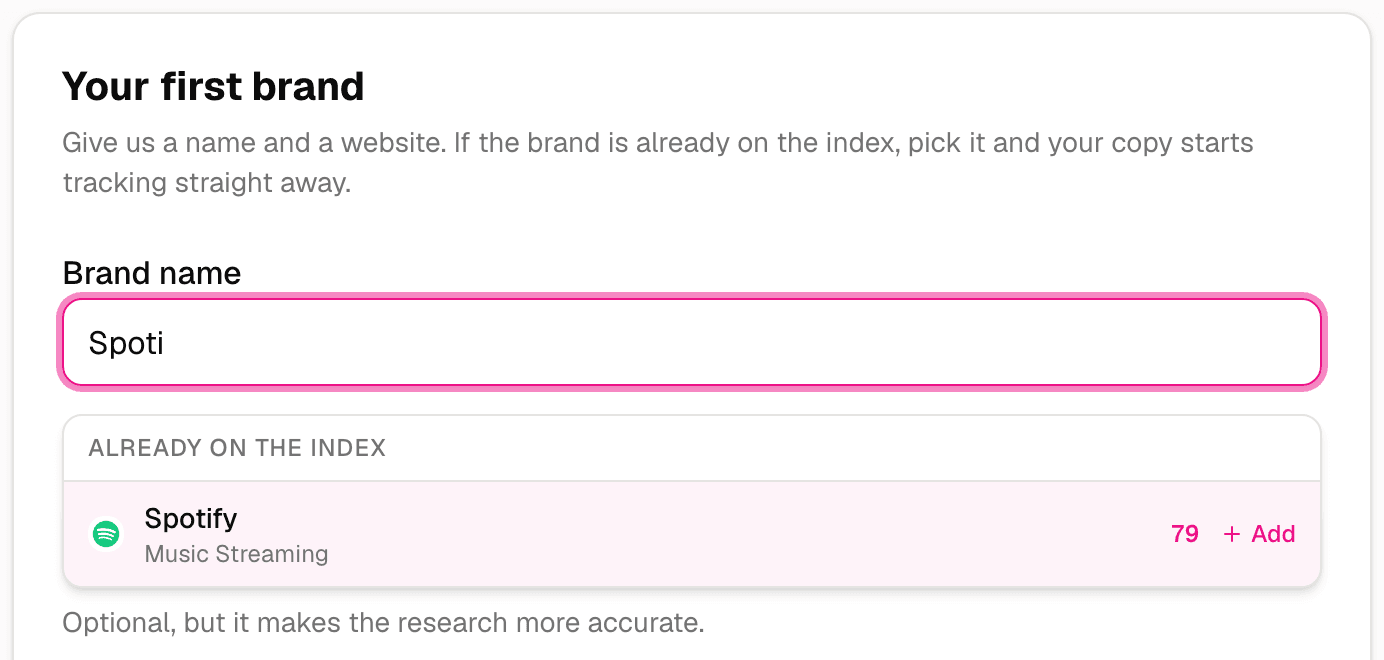 Adding a brand: typing Spoti brings up Spotify, already on the index, with its score and an Add button